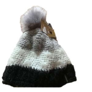 Turtlefur beanie hat pom pom girls ages 7-12 gray white and black knitted hat